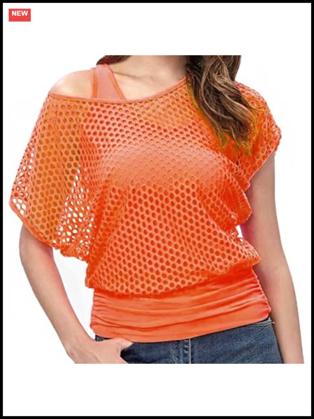 80s Neon Two Piece Tank Top & Fishnet Off Shoulder Party Set